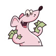 Cute pink mouse with bucks in his hands. Shows emotions, cool, loot, party. Mouse character hand drawn style, sticker, emoji