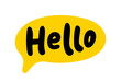 Hello speech bubble. Hello text. Hand drawn quote. Hi icon lettering. Doodle phrase. Vector illustration for print on t shirt, card, poster, hoodies etc. Black, yellow and white.