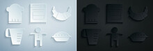 Set Holiday Gingerbread Man Cookie, Croissant, Measuring Cup, Homemade Pie, Oven And Chef Hat Icon. Vector
