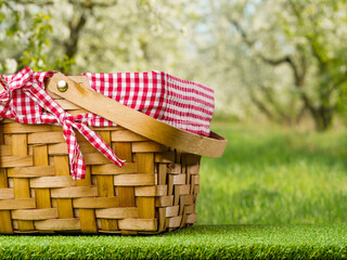 Wall Mural - Summer vacation, picnic. Against the backdrop of beautiful nature, a picnic basket on the green grass. Family rest, rest in the company of friends, romanticism. There are no people in the photo.