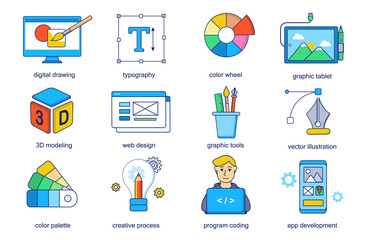 Aufkleber - Design and development concept line icons set. Pack outline pictograms of digital drawing, typography, color wheel, 3d modeling, tools, palette. Vector flat elements for mobile app and web design