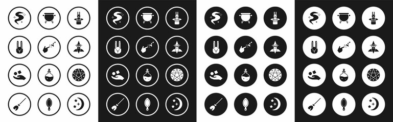 Sticker - Set Magician hat and rabbit, Spell, Rabbit with ears, fog or smoke, Wizard warlock, Witch cauldron, Pentagram in circle and Cube levitating above hand icon. Vector