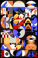 Poster - Digital collage, graphics pattern made with abstract forms and generative geometric shapes. Mosaic background in Bauhaus style. Useful for banner, cover, poster. Vector 