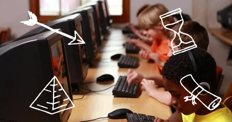 Poster - Animation of school icons over diverse schoolchildren using computers