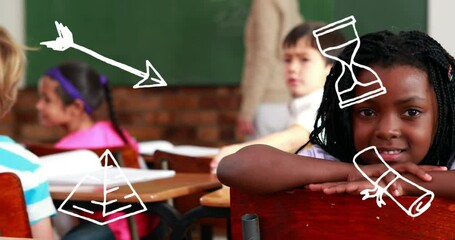 Poster - Animation of school icons over diverse schoolchildren smiling