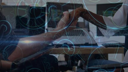 Poster - Animation of cogs rotating over diverse businesspeople shaking hands