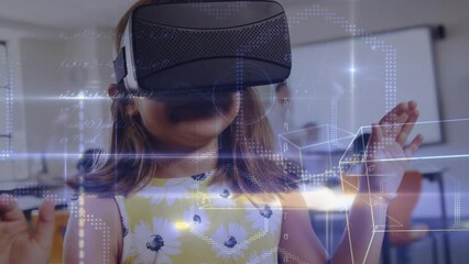 Poster - Animation of math formulas and graphs over caucasian girl in vr headset in classroom