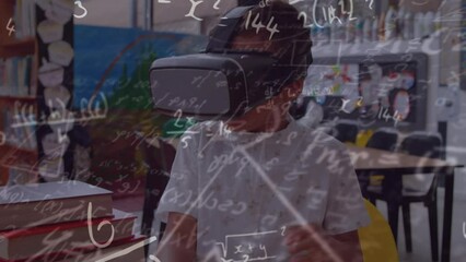 Poster - Animation of math formulas over biracial boy in vr headset in classroom
