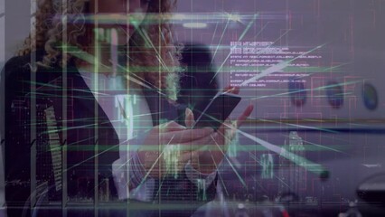 Poster - Animation of data processing on screens and lines over biracial woman using smartphone