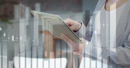 Poster - Animation of graphs over hands of caucasian woman using tablet in office