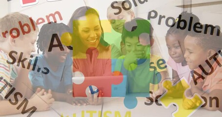 Poster - Animation of puzzle and autism texts over female teacher and diverse pupils at school