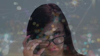 Poster - Animation of network of connections with data processing and light spots over caucasian woman