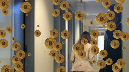 Poster - Animation of bitcoin symbols over diverse business people in office