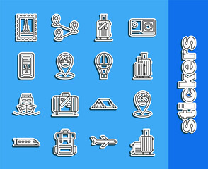 Canvas Print - Set line Suitcase for travel, Map pointer with mountain, and stickers, Egypt pyramids, Smartphone electronic boarding pass airline ticket, Postal stamp Eiffel tower and Hot balloon icon. Vector