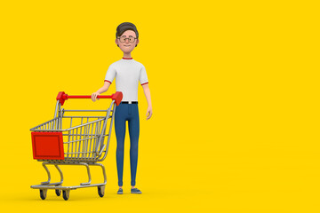 Wall Mural - Cartoon Character Person Man with Shopping Cart Trolley. 3d Rendering