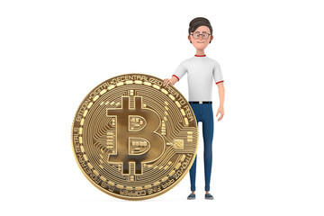 Poster - Cartoon Character Person Man  with Digital and Cryptocurrency Golden Bitcoin Coin. 3d Rendering