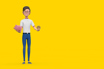 Aufkleber - Cartoon Character Person Man with Piggy Bank and Golden Dollar Coin. 3d Rendering