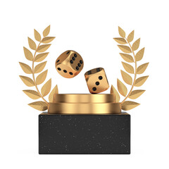 Poster - Winner Award Cube Gold Laurel Wreath Podium, Stage or Pedestal with Golden Game Dice Cubes in Flight. 3d Rendering