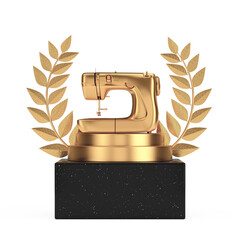 Aufkleber - Winner Award Cube Gold Laurel Wreath Podium, Stage or Pedestal with Golden Modern Sewing Machine. 3d Rendering