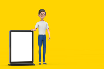 Poster - Cartoon Character Person Man with Blank Trade Show LCD Screen Display Stand as Template for Your Design. 3d Rendering