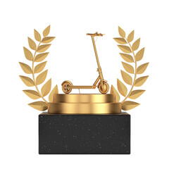 Poster - Winner Award Cube Gold Laurel Wreath Podium, Stage or Pedestal with Golden Modern Eco Electric Kick Scooter. 3d Rendering
