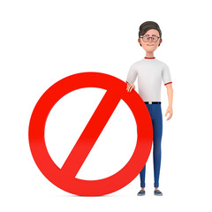 Poster - cartoon character person man with red prohibition or forbidden sign. 3d rendering