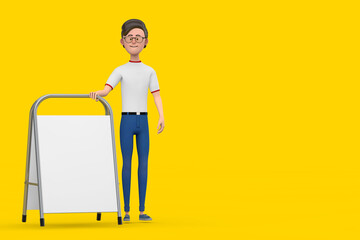 Leinwandbilder - Cartoon Character Person Man with White Blank Advertising Promotion Stand. 3d Rendering
