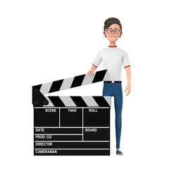 Aufkleber - Cartoon Character Person Man with Movie Clapper Board. 3d Rendering