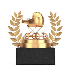 Poster - Winner Award Cube Gold Laurel Wreath Podium, Stage or Pedestal with Golden Baby Carriage, Stroller, Pram. 3d Rendering