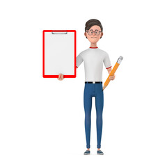 Poster - Cartoon Character Person Man with Red Plastic Clipboard, Paper and Pencil. 3d Rendering