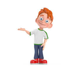 Aufkleber - Cartoon Little Boy Teen Person Character Mascot Points an Open Palm at an Empty Place for Your Design. 3d Rendering