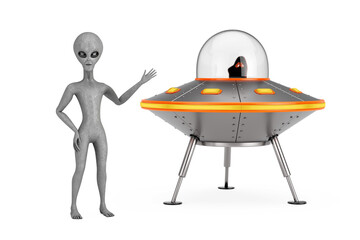 Poster - Scary Gray Humanoid Alien near Cute Spaceship Cartoon UFO. 3d Rendering