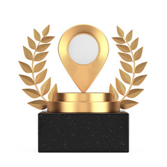 Fototapete - Winner Award Cube Gold Laurel Wreath Podium, Stage or Pedestal with Golden Map Pointer Pin. 3d Rendering