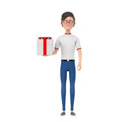 Aufkleber - Cartoon Character Person Man and Gift Box with Red Ribbon. 3d Rendering
