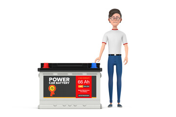 Aufkleber - Cartoon Character Person Man and Rechargeable Car Battery 12V Accumulator with Abstract Label. 3d Rendering