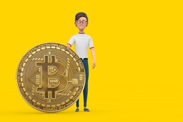 Poster - Cartoon Character Person Man  with Digital and Cryptocurrency Golden Bitcoin Coin. 3d Rendering