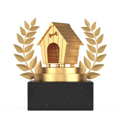 Aufkleber - Winner Award Cube Gold Laurel Wreath Podium, Stage or Pedestal with Golden Cartoon Dog House. 3d Rendering