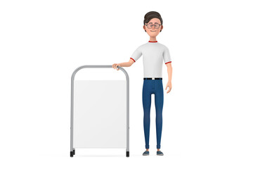 Aufkleber - Cartoon Character Person Man with White Blank Advertising Promotion Stand. 3d Rendering