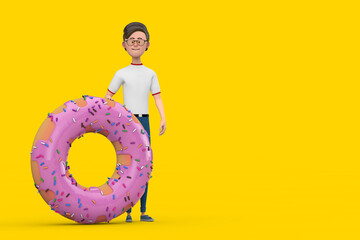 Cartoon Character Person Man with Big Strawberry Pink Glazed Donut. 3d Rendering