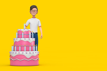 Poster - Cartoon Character Person Man with Birthday Cartoon Dessert Tiered Cake and Candles. 3d Rendering