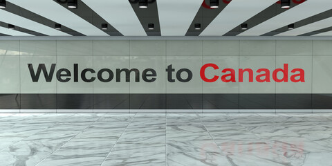 Poster - International Arrival Zone of Airport, Bus or Train Station Interior with Welcome To Canada Sign. 3d Rendering