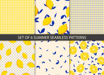 Sticker - Set of tropical seamless patterns with yellow lemons. Fruit repeated background. Vector bright print for fabric or wallpaper.