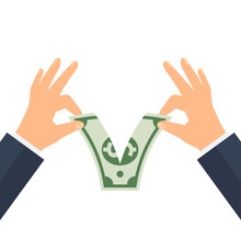 Hands tearing apart dollar money bill in half. Crisis, loss and finance concept. Vector illustration in flat design.