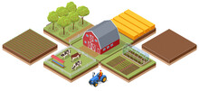 Isometric Agricultural Farm Buildings, Windmill Barn And Silo Sheds Hay Garden Beds And Tractor. Pulling, Pushing Agricultural Machinery, Trailers, Ploughing, Tilling, Disking. Cows On A Farm.