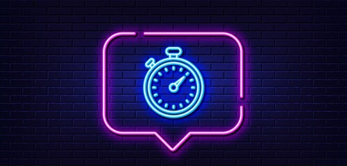 Poster - Neon light speech bubble. Timer line icon. Stopwatch symbol. Time management sign. Neon light background. Timer glow line. Brick wall banner. Vector