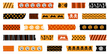 Halloween Washi Tape Strips With Torn Edges In Orange And Black Patterns. Semitransparent. Perfect As Photo Frame Border, Clipart Or Scrapbook Embellishment. Global Colors Used. Halloween Labels.