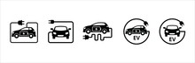 Electric Car Icon Set. Electric Car With Charging Power Cord Cable. Electric Powered Vehicle Automobile Sign. Vector Stock Symbol Illustration. Flat Simple Design Style.