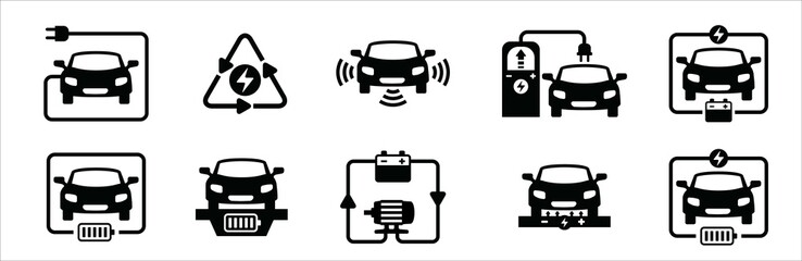 Wall Mural - Electric car icon set. Electric car with charging power cord cable. Auto pilot and electric motor symbol. Charge station sign. Magnetic wireless charging pad or road. Vector stock illustration.