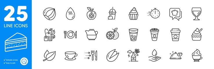 Outline icons set. Ice tea, Medical food and Orange icons. Wine glass, Romantic dinner, Cooking timer web elements. Ice cream, Food delivery, Mint bag signs. Hazelnut, Hot water, Water care. Vector