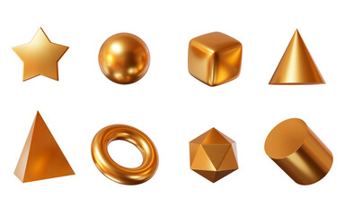 Aufkleber - 3d set gold shapes: square, cylinder, sphere, pyramid, torus, star, cone, icosphere. Metal simple figures for your design on white isolated background. 3d rendering illustration.